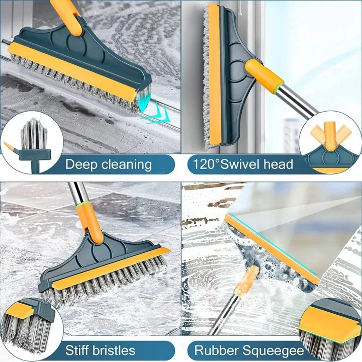 2-in-1 Floor Scrub Brush with Squeegee | Long Handle Bathroom Cleaning Brush | 120° Swivel Floor & Tile Scrubber | Best Cleaning Brush Price in Bangladesh