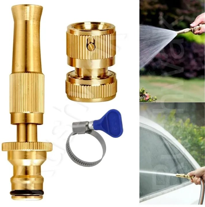 Brass Water Spray Nozzle Kit | High Pressure Garden Hose Spray Nozzle | 1/2 Inch Quick Connect Brass Water Gun