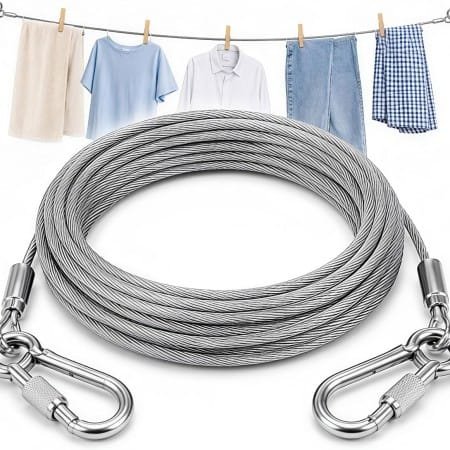 304 Stainless Steel Clothesline Wire Rope | Heavy Duty Clothes Drying Wire with Safety Hooks | Portable Laundry Rope